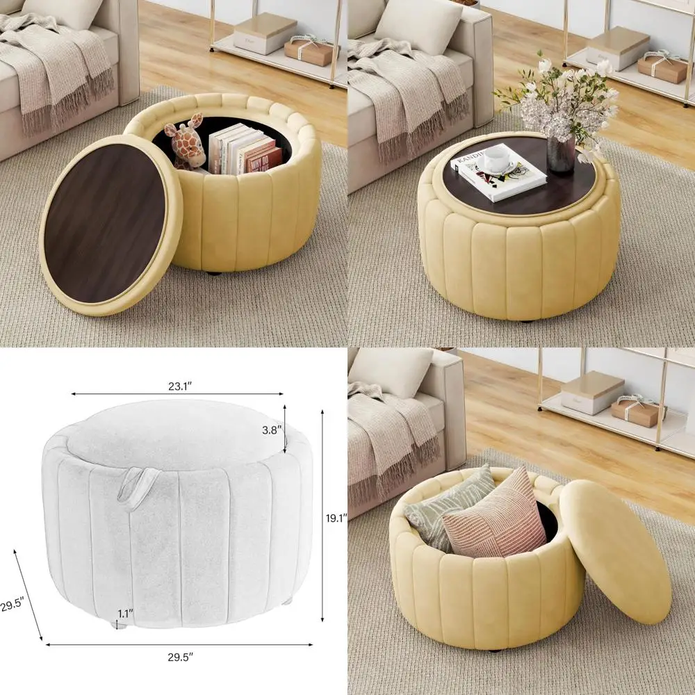30-inch Round Velvet Ottoman with Flip Top Tray, Modern Storage Coffee Table for Living Room