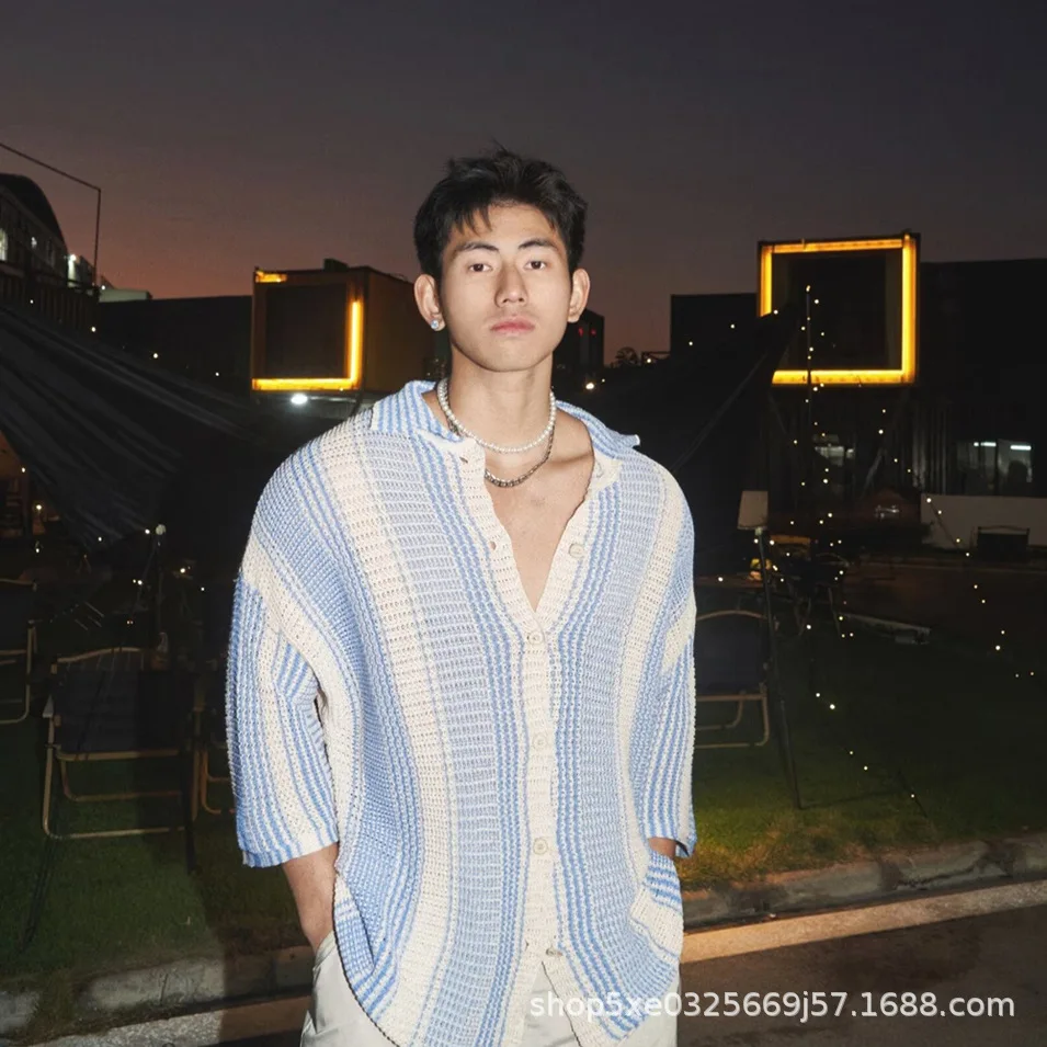 Hollow Knitted Cardigan Men's Loose Ice Silk Shirt Cool Breathable Mesh Striped Thread