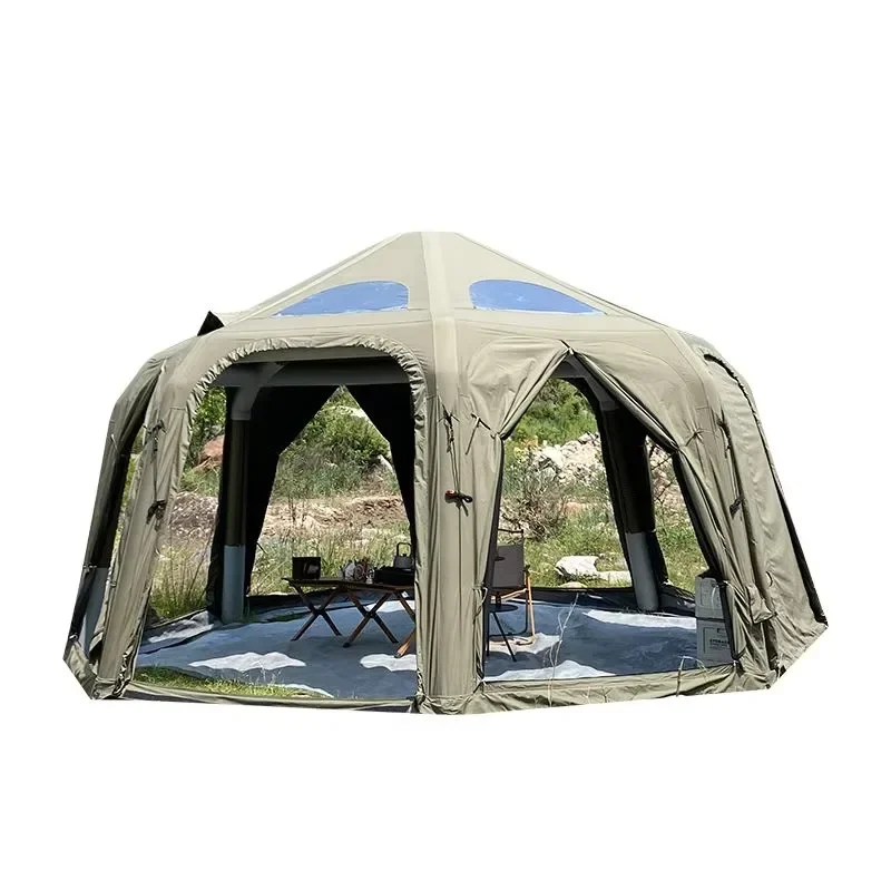 Luxury 5m Hexagonal Quick-Open Automatic Inflatable Poles 21.8 M2 Large Dome Four-season One Bedroom Camouflage Camping Tent