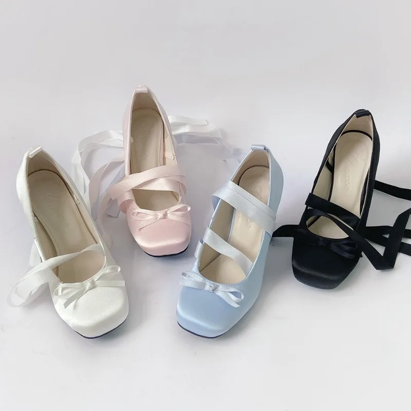 

Fairy Style Women's Pumps Fashion Cross Strap Design Women Ballet High Heels Sweet Bow Banquet Party Skirt Shoes Mary Jane Heels