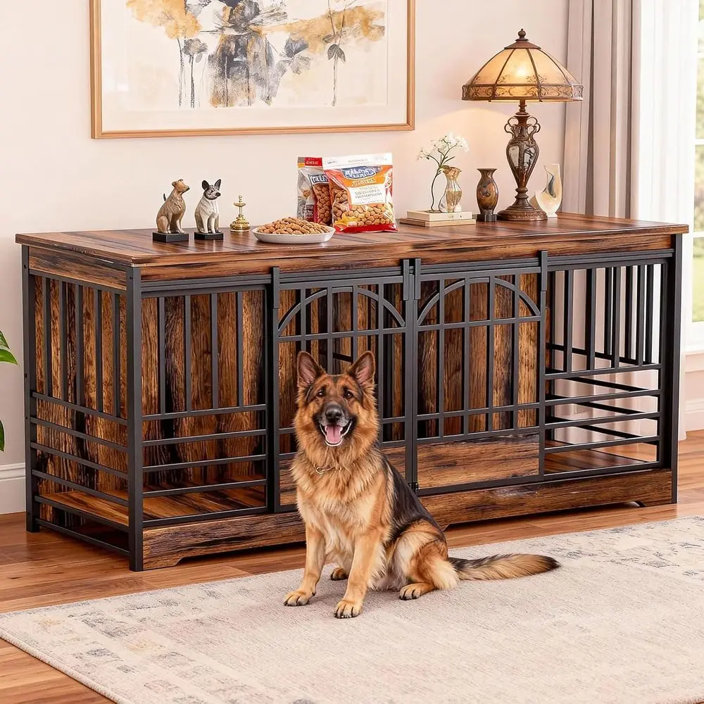 

Extra Large 78 Dog Crate for Indoor Use or Two Pets, Sturdy Caging with Divider, Wooden Table TV Stand for XL Dogs in Cognac Bro