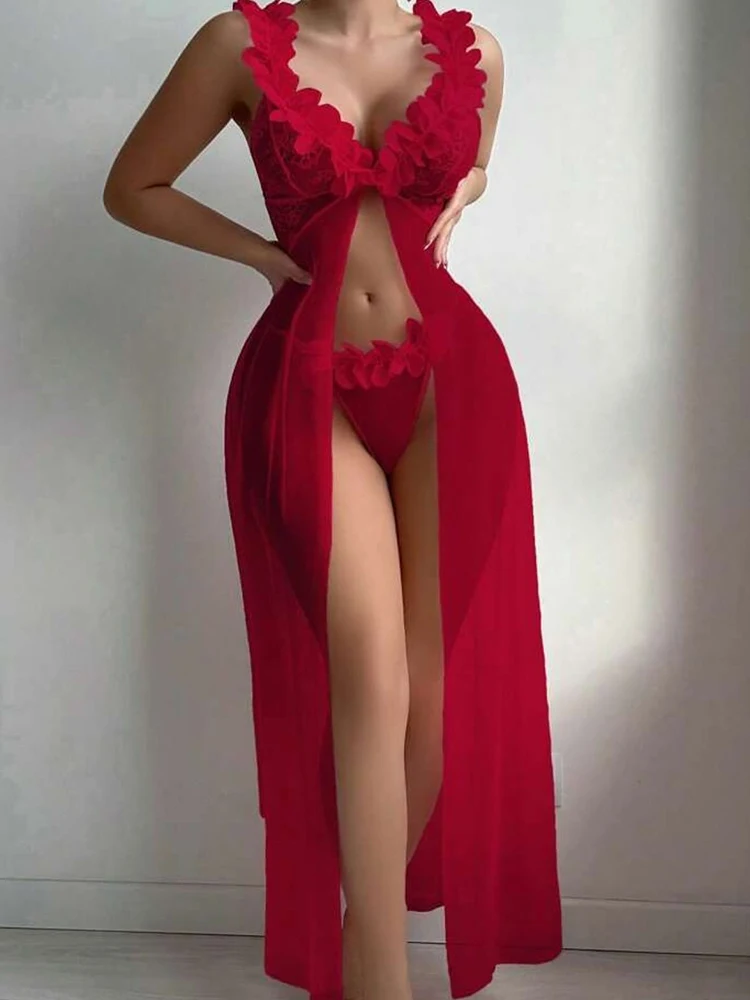 مثير الملابس الداخلية قمصان النوم الوردي الأزهار ملابس خاصة الصيف زلة فستان سهرة عميق الخامس الدانتيل فستان النوم شبكة انظر من خلال بيبي دول ملابس النوم