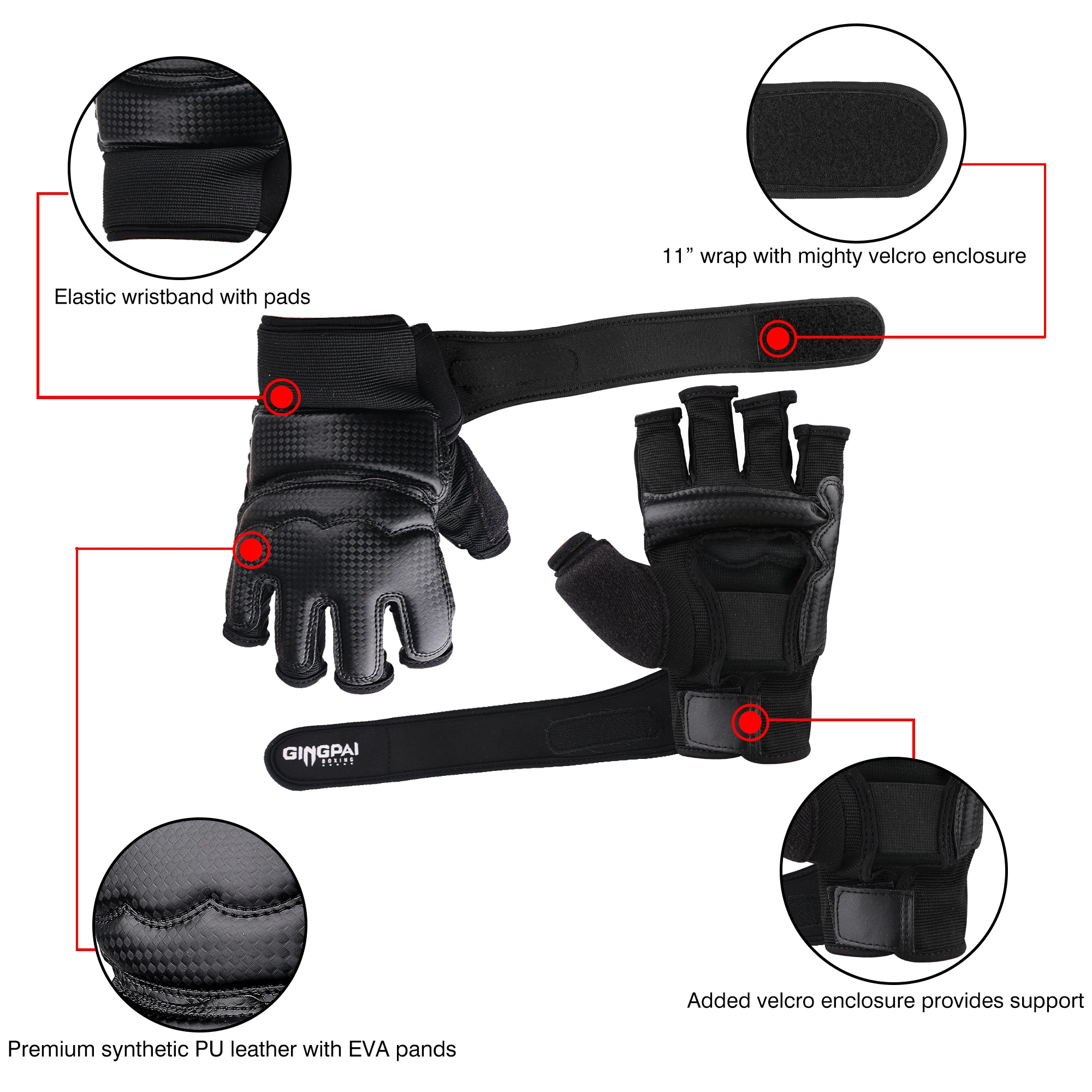 PU Halbfinger-Taekwondo-Handschuhe TKD-Schutz Kampfhandschuhe MMA-Handschuhe Karate Handschutz Boxhandschuhe Schwarze Farbe – Detail 6
