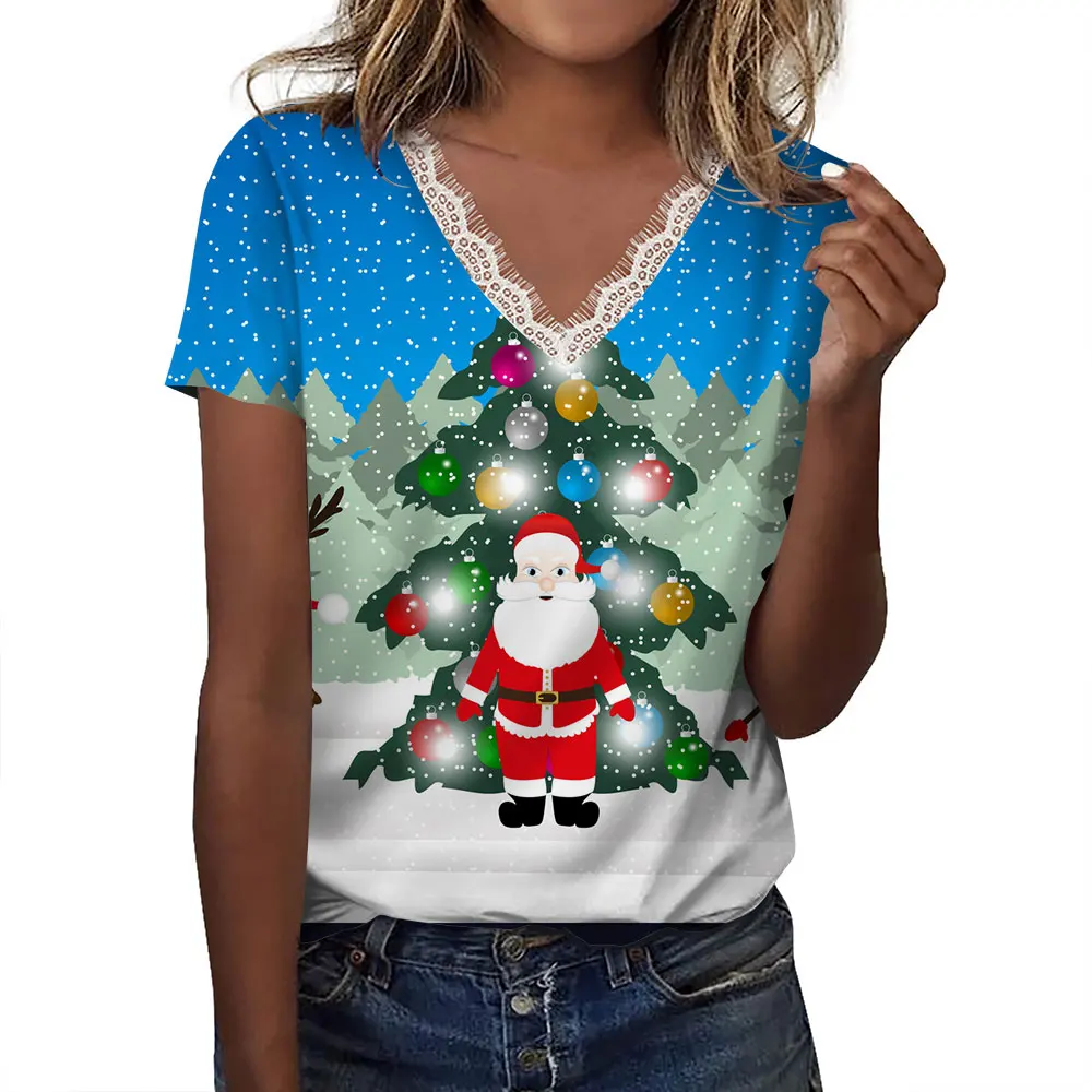 T-shirt a maniche corte da donna di natale moda modello babbo natale top con scollo a v Pullover top Tee camicetta da donna estate