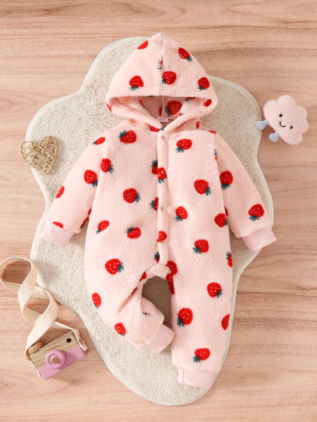 

Winter Baby Girl Cute Casual Plush Warm Strawberry Print Button Design Hooded Romper