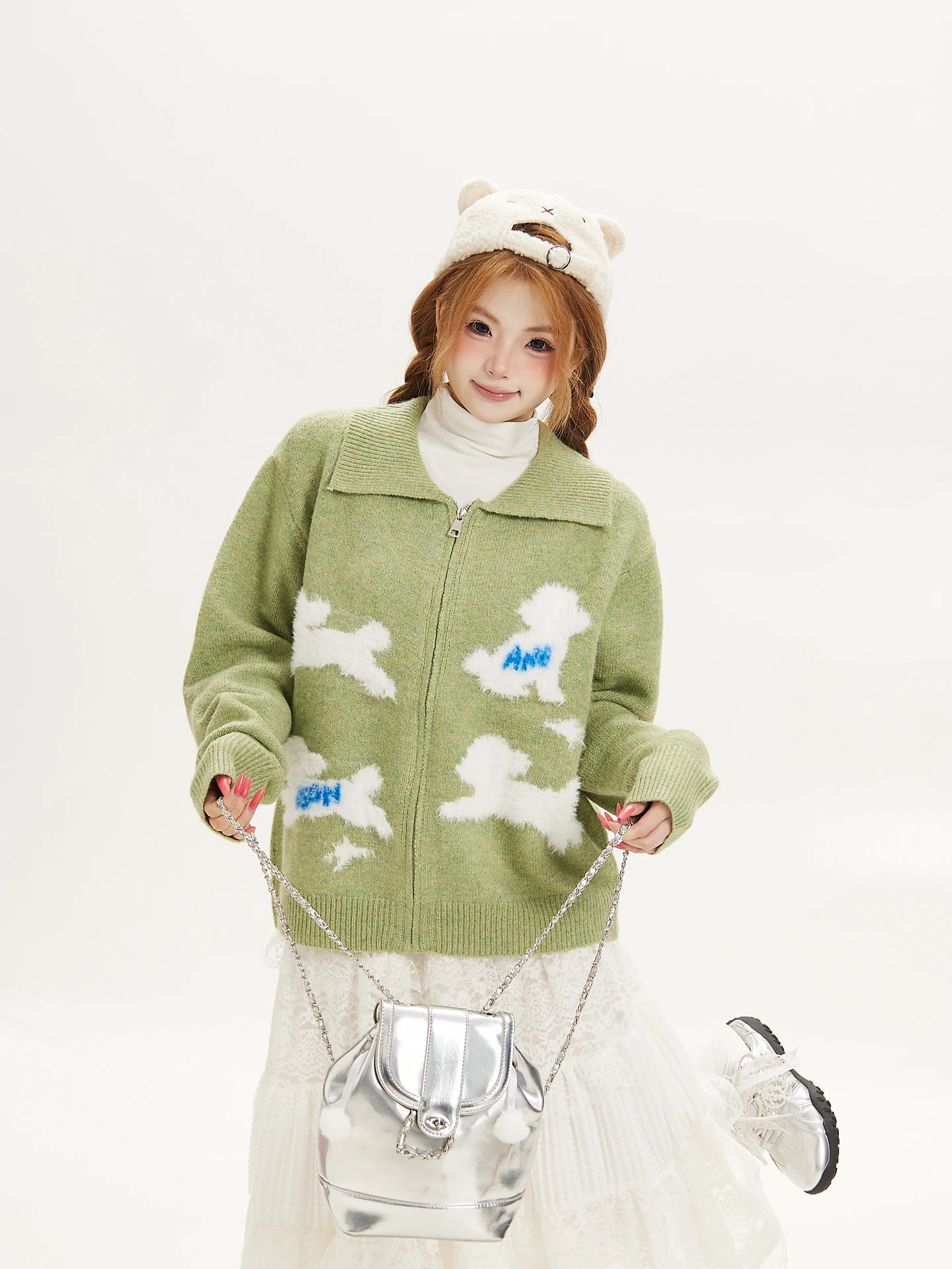 Adorable Vintage Ant Dog Pattern Loose Knitted Sweater Cardigan Women's Autumn Winter Green Zipper Casual Fashion Top