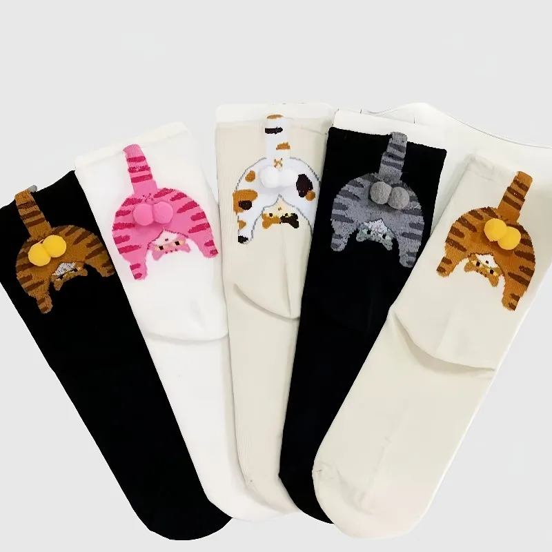 5 Pairs of Spring/summer Cartoon Cat Mid-calf Socks, Cute and Quirky Long Socks