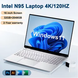 인텔 N95 노트북, 4K HD 120HZ 디스플레이, 32GB + 2TB, 윈도우 11 프로, 사무실 게이밍 노트북, 컴퓨터 지문 잠금 해제 PC, 16 인치, 신제품