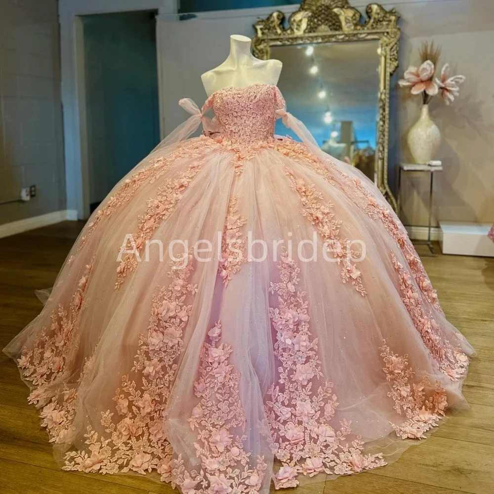 Angelsbride Glitter Pink Quinnceanera Dress Ball Gown Floral Applique Beaded Crystal Bow Corset Sweet 16 Vestidos De 15 Anos