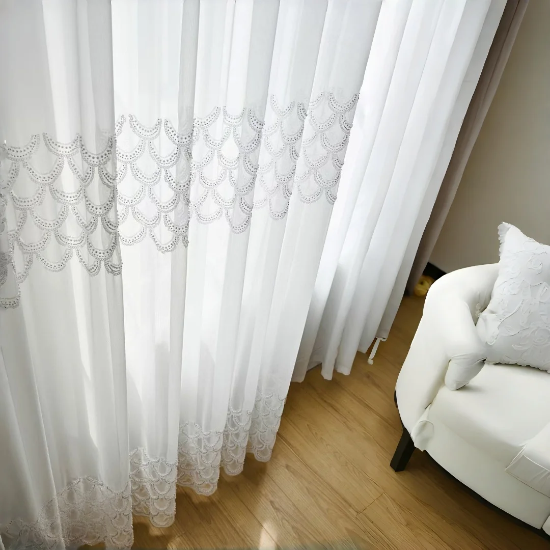 1pc Thickened Transparent Curtain, American Style Embroidered Hollow Flower, Bedroom Balcony Sheer Curtain, Home Use