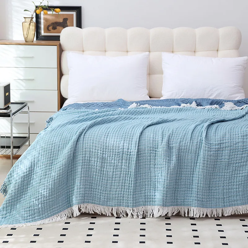 1 Pack Pure Cotton Tassel Gauze Throw Blanket Double Sided Usable Multi‑Functional Bed Cover Nap Air Condition Blanket Soft Sofa