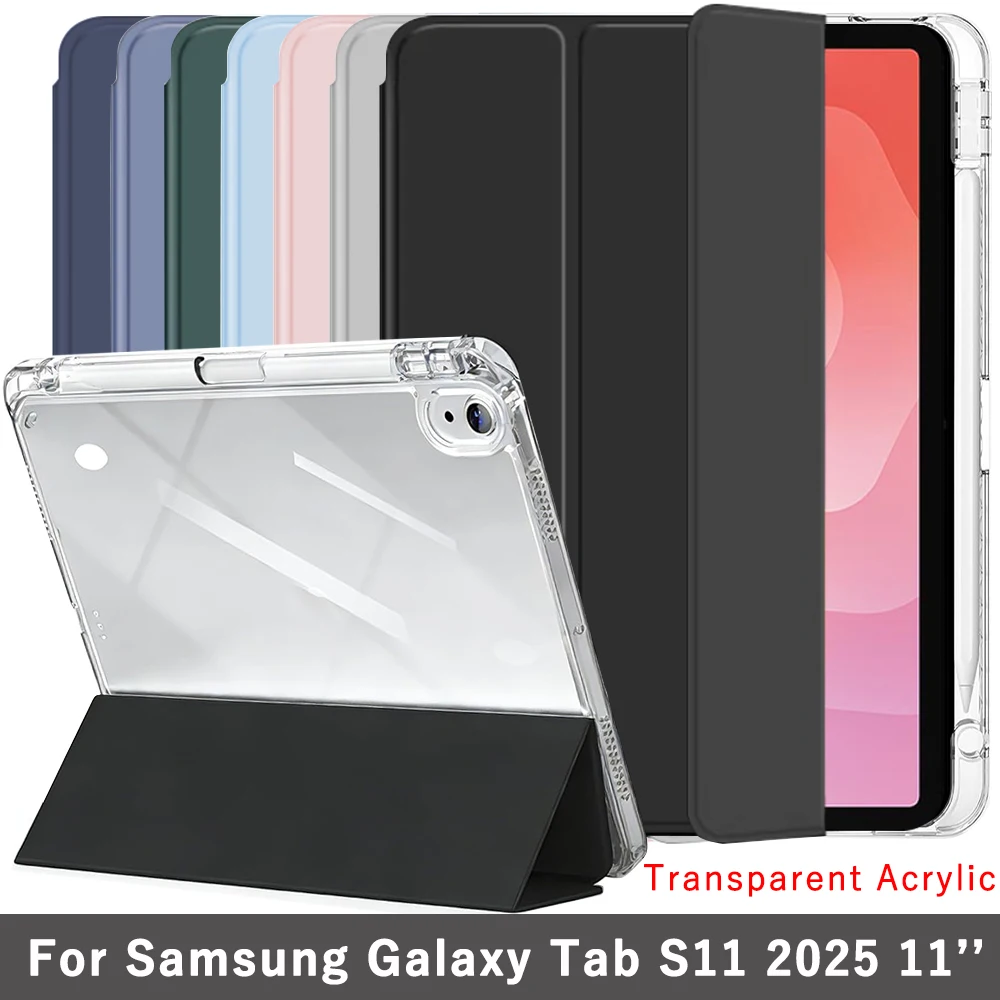 Clear Crystal Tablet Case With Pen Slot For Samsung Galaxy Tab S11 2025 11'' SM-X730 SM-X736B Tri-fold Magnetic Stand Cases