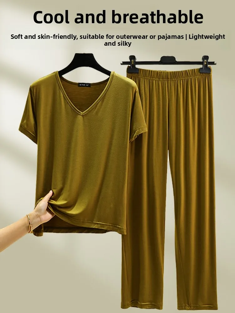 

July Deer Modal ort Sve V-Ne Home Clothes Set Summer Thin Large Size Spwear Two-Piece Set Simple Pure Color Casual ...