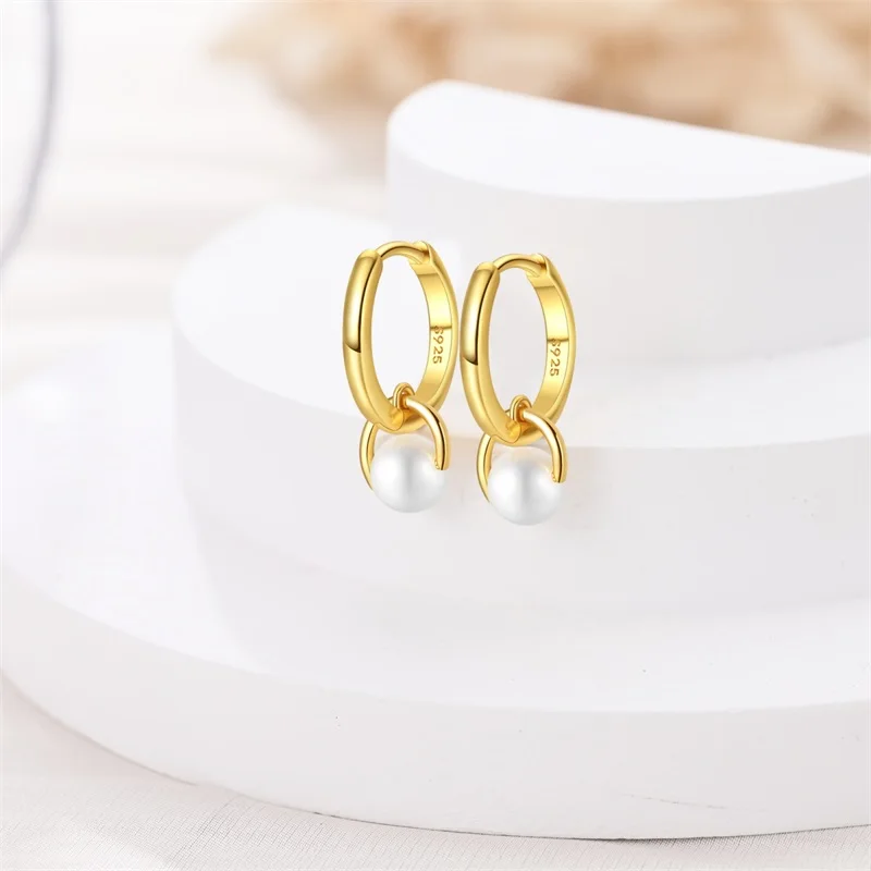 100% 925 Sterling Silver Pearl Golden Geometry Hoop Earrings For Women Fashion Birthday Party Wedding Jewelry Engagement Jewelry