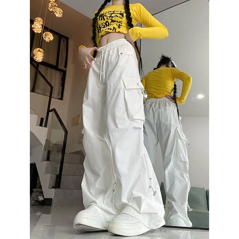 American Style White Ruffled Cargo Pants High-Waisted Slimming Casual Pants For Women Spring Autumn Korean Version Street Hip Ho