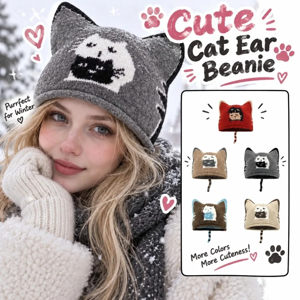 Sweet Kawaii Cute Cat Beanie Thick Animal Pattern Winter Painter Cap Soft Texture Tail Decor Lovely Ears Bonnet Pretty Gift