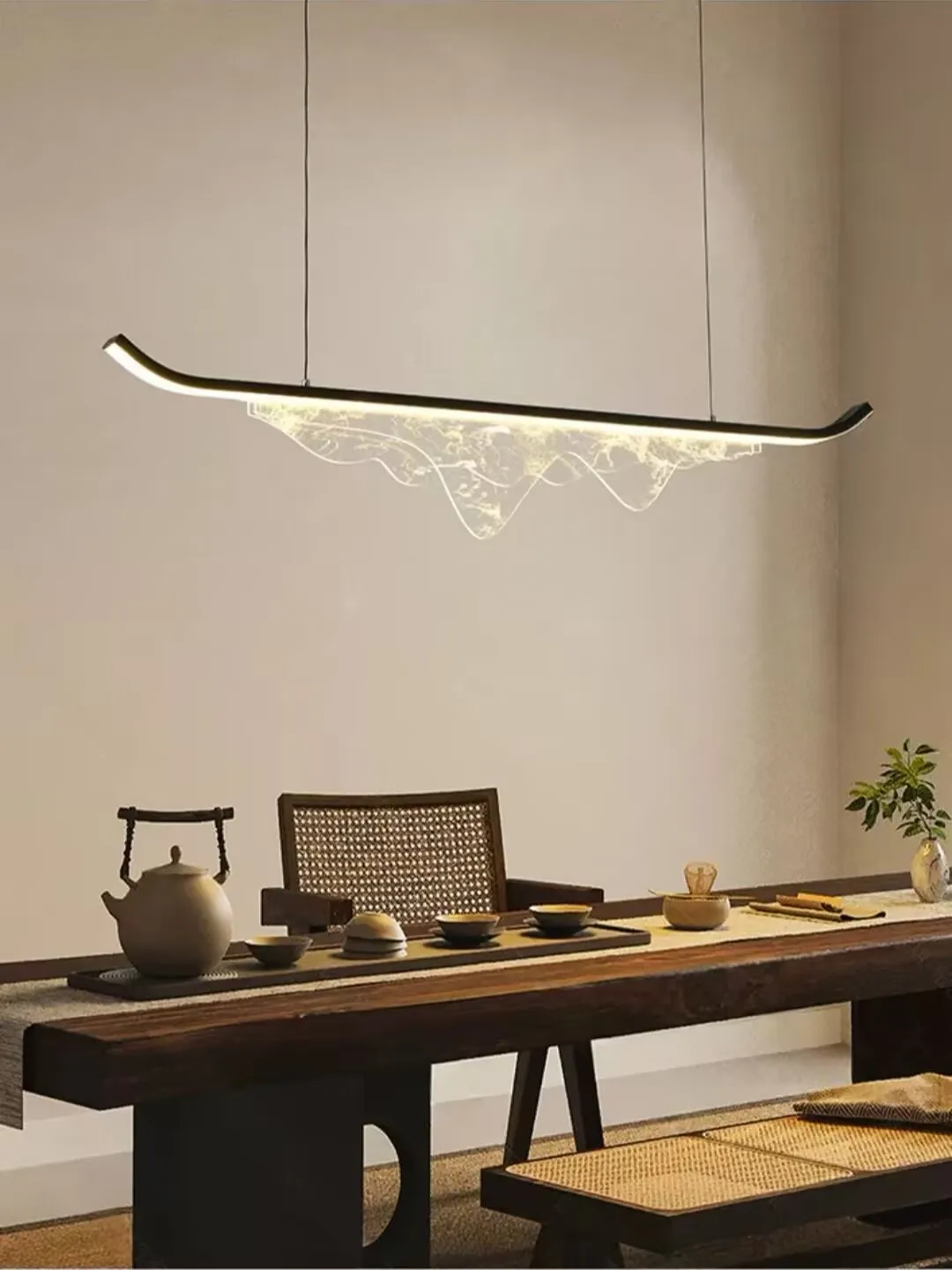 New Chinese style restaurant chandelier, Zen inspired tea room bar light, modern and simple long hanging lamp for study room