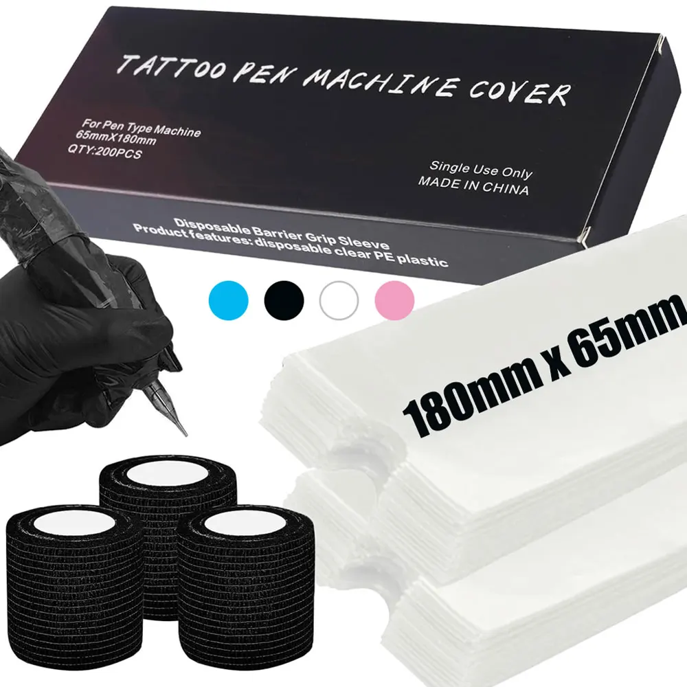 

200 шт., сумки для машинки для татуировки, рукава с 3 шт., черная ручка, самоклеящаяся лента, пластиковые чехлы для ручек, аксессуары для татуировок