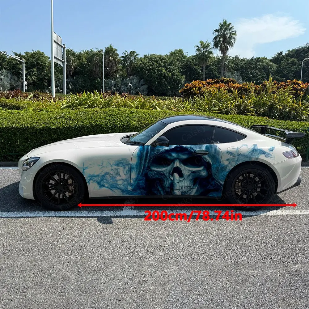 2pcs Blue Smoke Silent Skull Car Side Wraps, Self-Adhesive PVC Waterproof & Scratch-Resistant Stickers, Car Accessory Gift