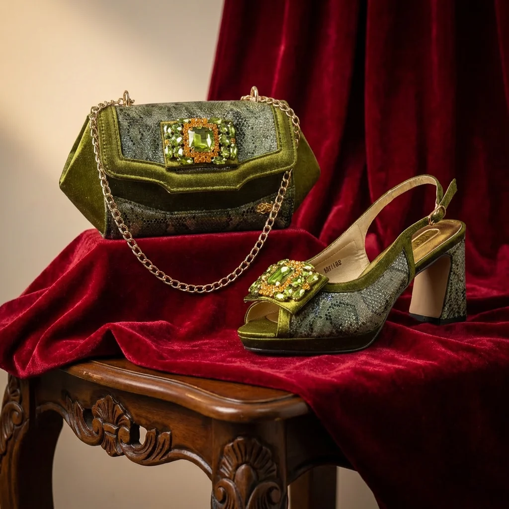 

Новые дизайнерские женские туфли с открытым носком на каблуке для 2026 года: элегантные вечерние туфли-лодочки цвета оливы с бриллиантами, итальянские туфли и сумка в комплекте
