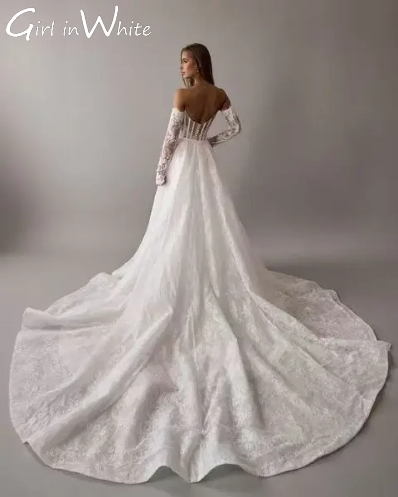 Abiti da sposa con strascico lungo staccabile a sirena in pizzo di lusso 2025 Abiti da sposa con maniche lunghe senza schienale con scollo a cuore personalizzati per le donne