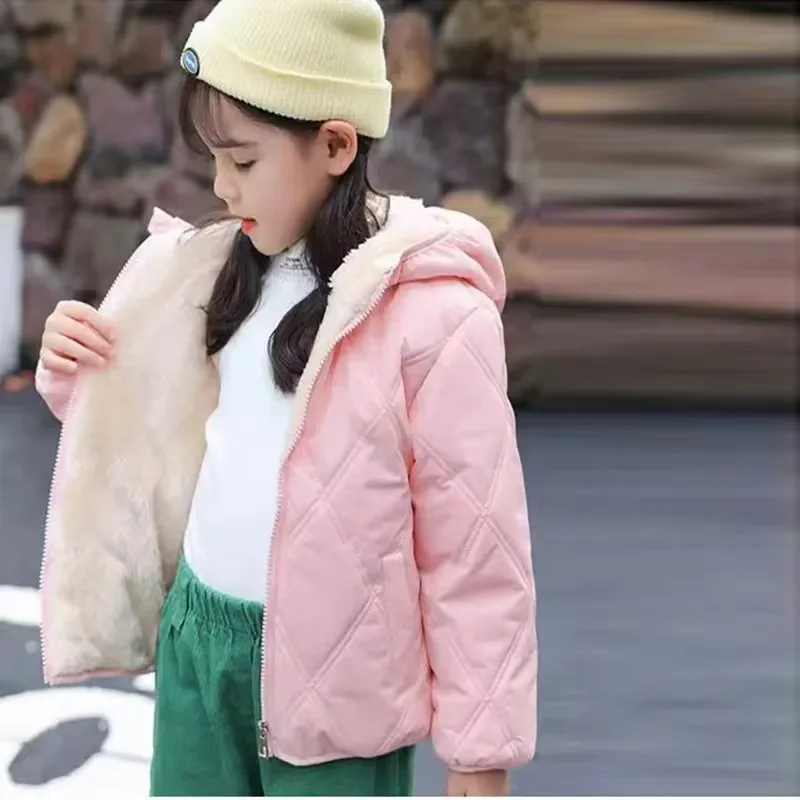 Kids Thick Down Cotton Coats Winter Plus Velvet Warm Jackets Boys Girls Lamb Wool Snowsuit Children Fur Hooded Clothing 2-6 Year