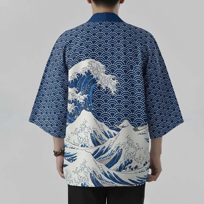 Blue White Japanese Wave Haori Kimono Cardigan Traditional Ocean Wave Pattern Unisex 3/4 Sleeve Open Front Yukata Beach Cover Up