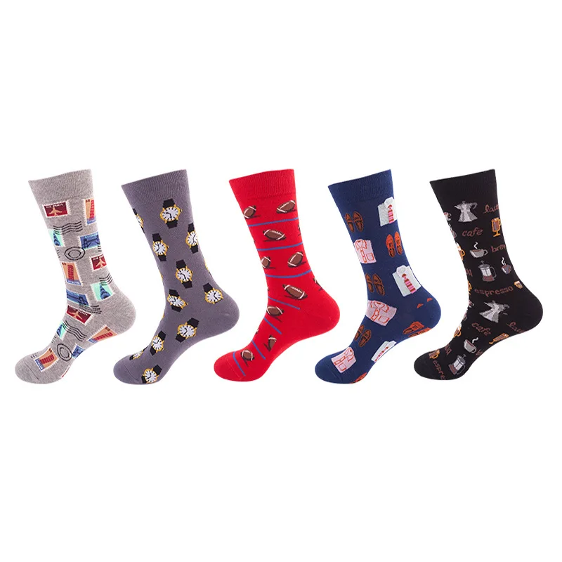 5 Pairs/Pack Couples Happy Socks Cotton EU 37-43 Men Funny Cartoon Fruits Flowers Animals Basketball Streetwear Harajuku Socks