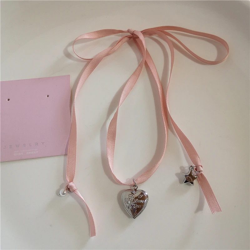 Gothic süße Y2K Edelstahl Schleife Herz rosa Kreuz Anhänger Perlen Perle Schlangenkette Halskette für Egirl 2000er EMO Zubehör – Detail 3