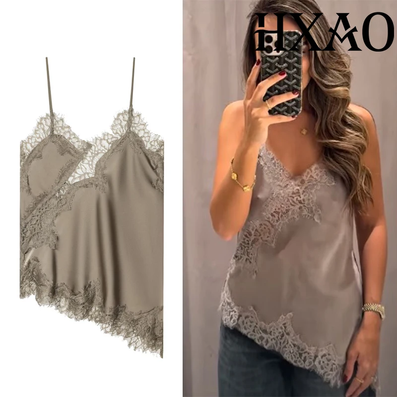 HXAO Crop Lace Top Y2K Asymmetrical Slip Tops For Women Summer Backless Sexy Evening Party Tops Camisole Satin Black Yellow Top