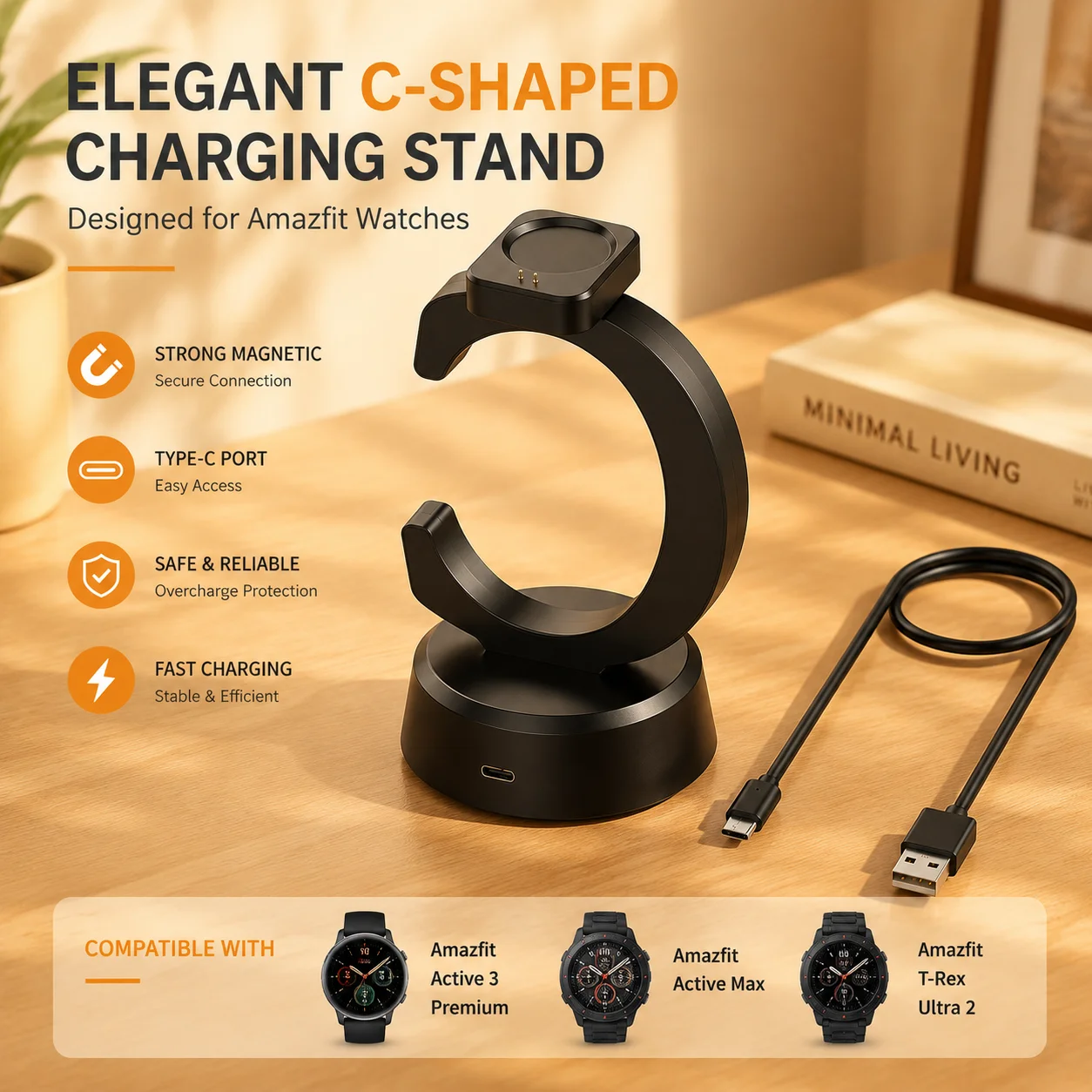 Stand Charger for Amazfit T-Rex 3 Pro/Balance 2/ Helio Strap Smartwatch Charging Dock Replacement with Cable Chip Protection view 3