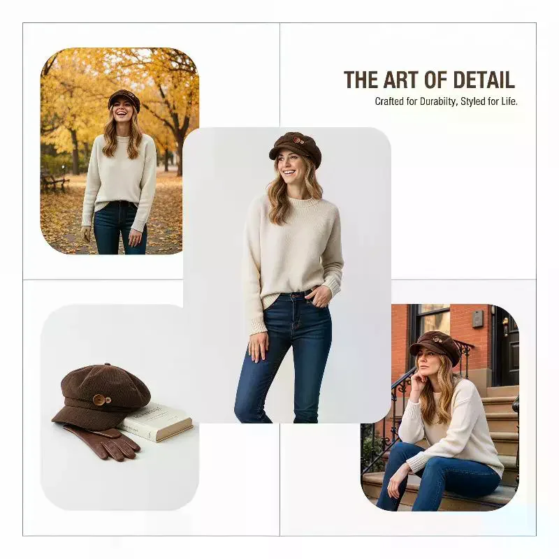 Womens Corduroy Octagonal Newsboy Cap Double Wooden Buttons Soft Face Flattering Beret Hat For Autumn Winter Daily Outfit