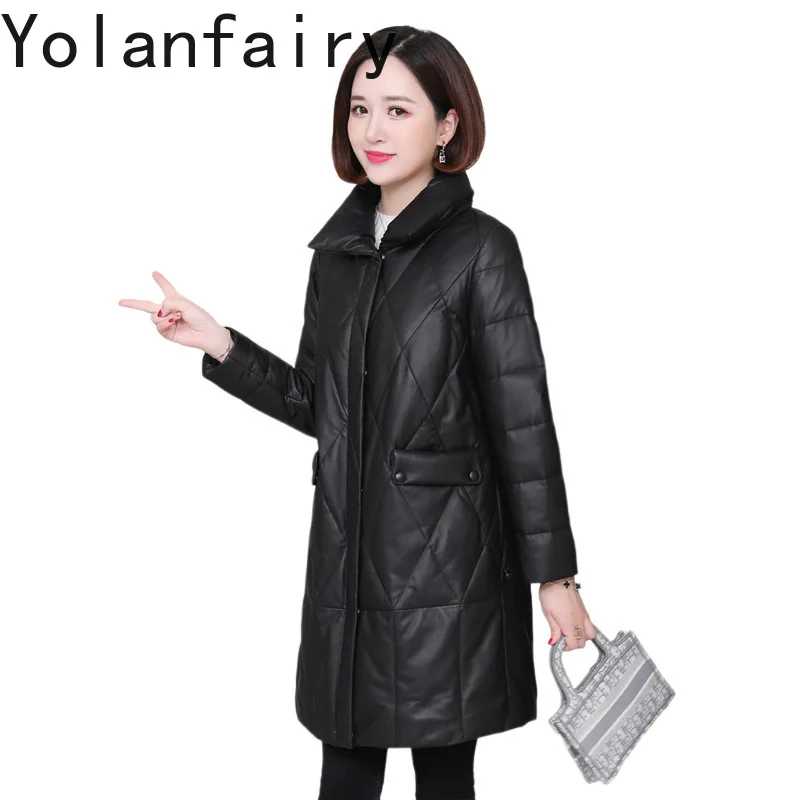 

YOLANFAIRY Genuine Leather Sheepskin Jackets Female Casual Winter Long Down Jacket Lapel Outwears Fashion Jaqueta Feminina