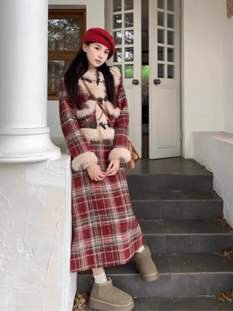 

Autumn Winter Vintage New Warm Two Piece Set Women Red Plaid Patchwork Plush Hooded Coat And High Waist Slim Longl Skirts Outfit