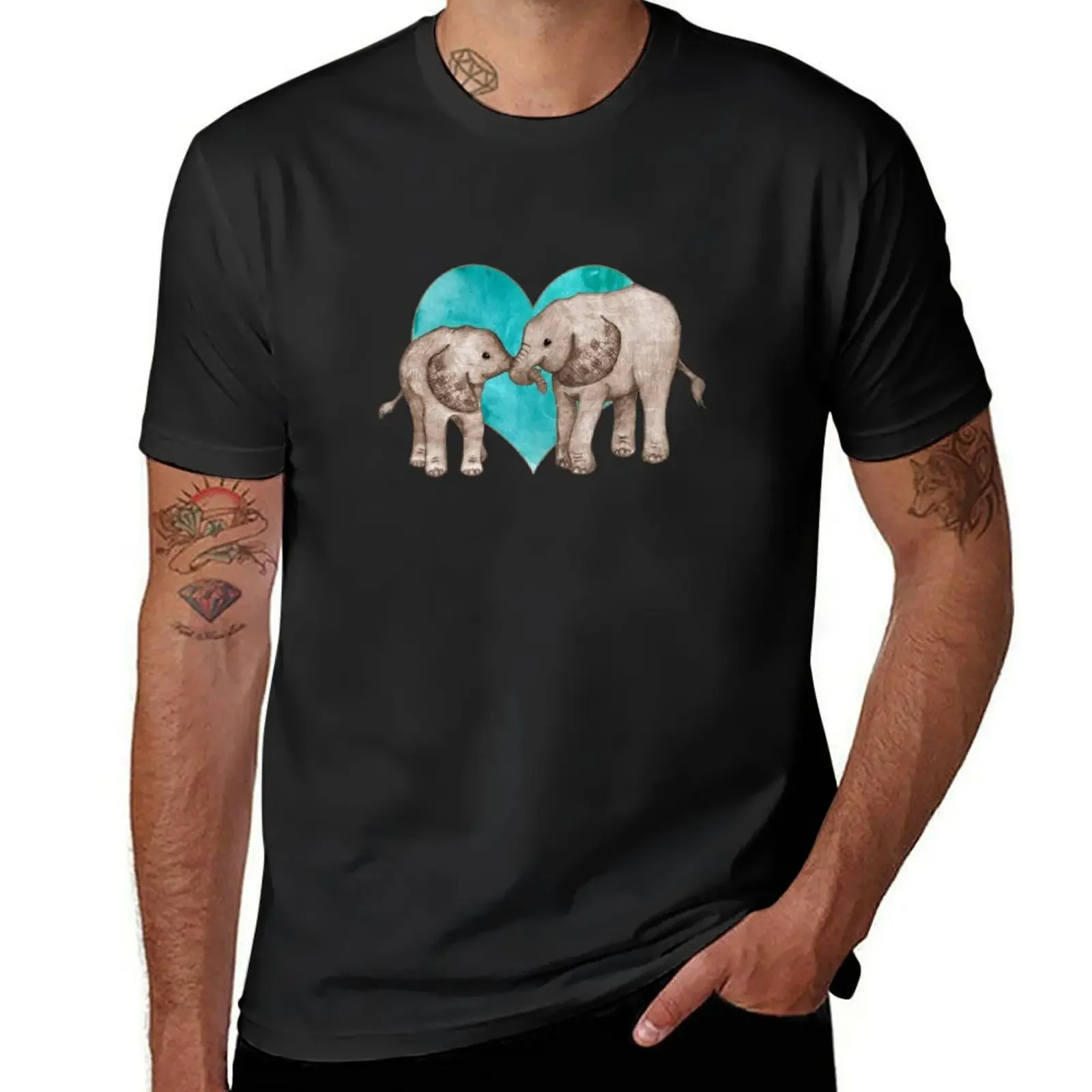 Baby Elephant Love - sepia on teal watercolour T-Shirt summer clothes anime clothes baggy shirts plus size men clothing