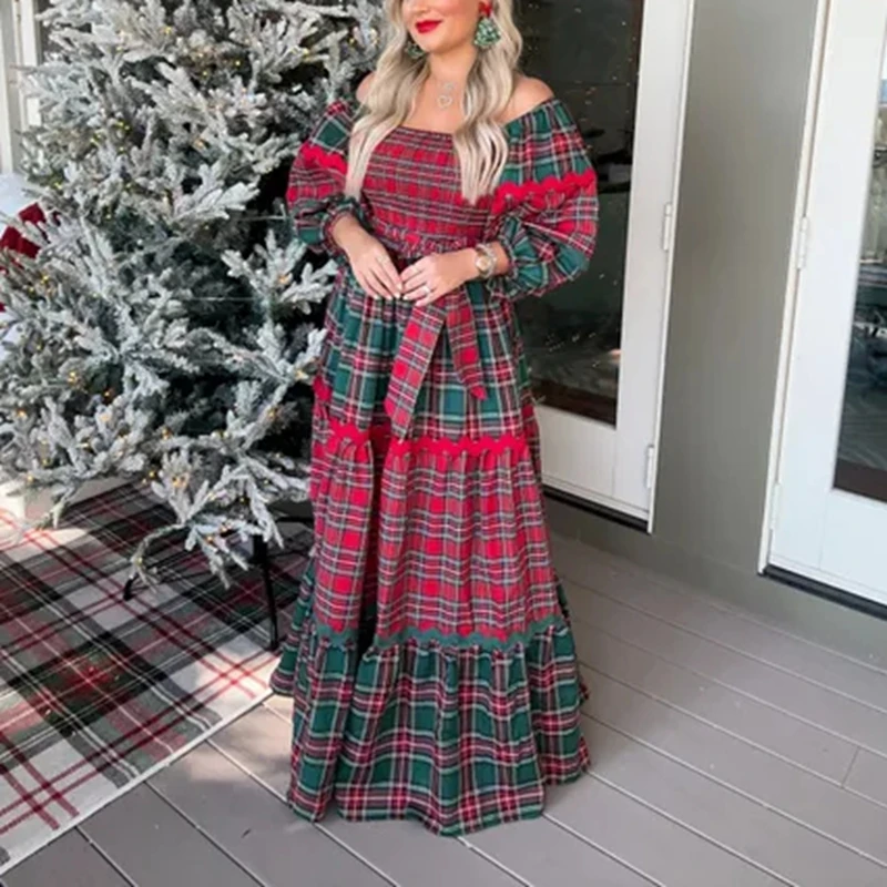 Vestido largo acampanado fluido con cinturón de pajarita y media manga abombada con cuello cuadrado y contraste de Color a cuadros navideños para mujer