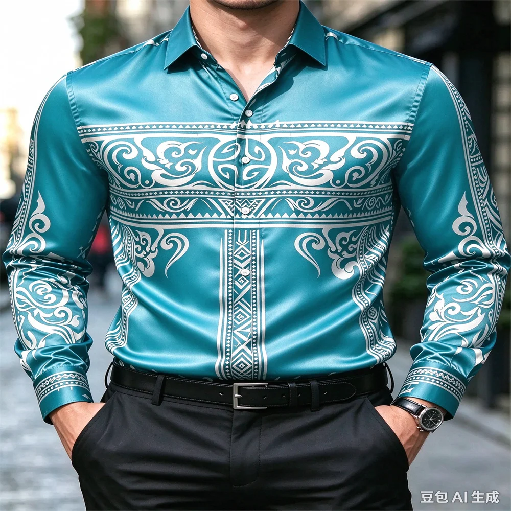 Mens Satin Silk Dress Shirt - Luxury Satin Men Shirt, Vintage Ethnic