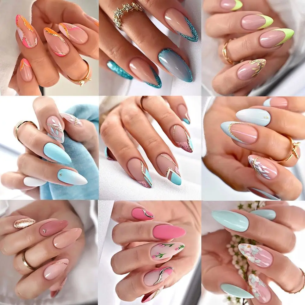 Manicure Long Almond False Nails French Blue Gradient Press on Nails Detachable Leaf Butterfly Nail Tips at Home