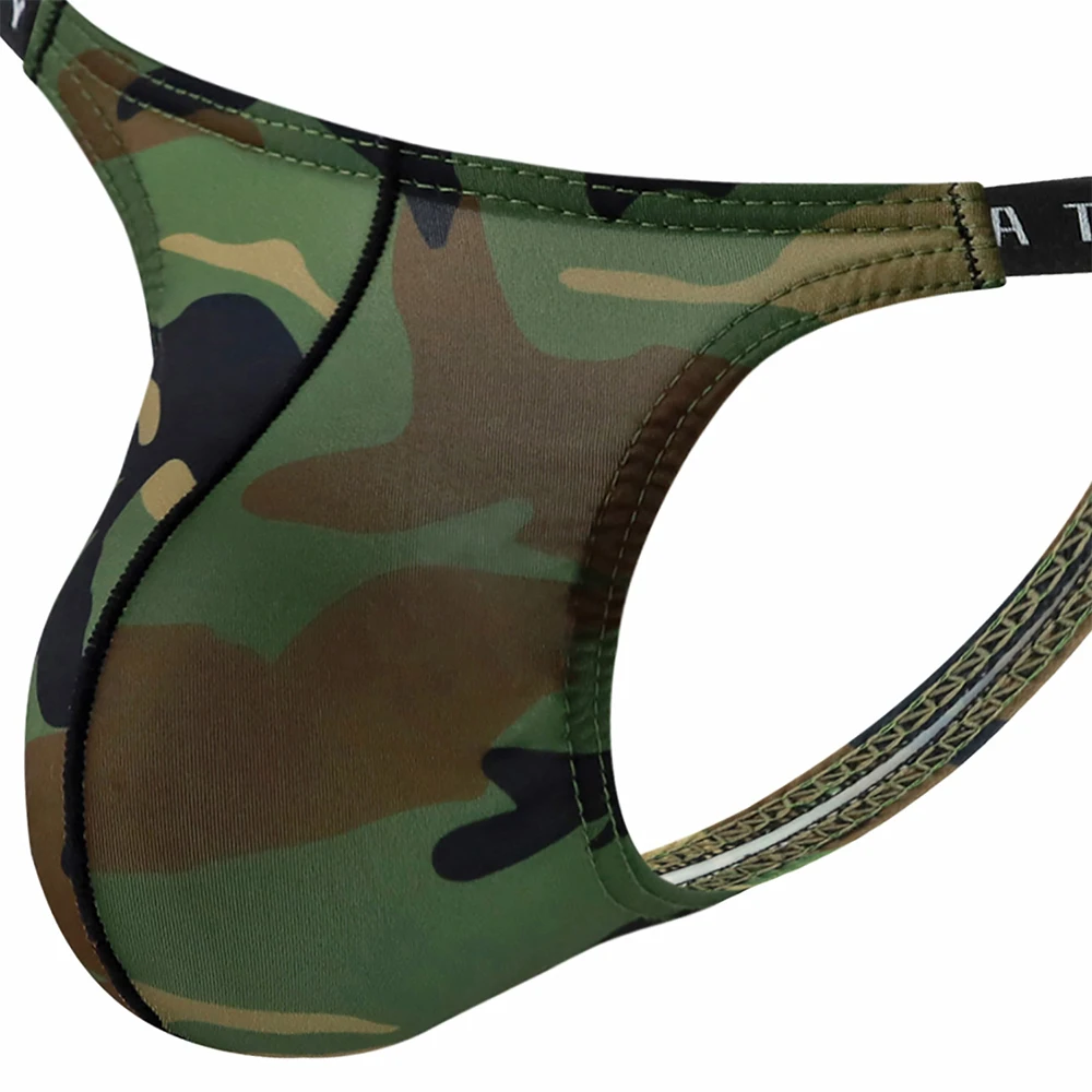 Tanga Sexy de camuflaje para hombre, ropa interior Gay de cintura baja, transpirable, de secado rápido