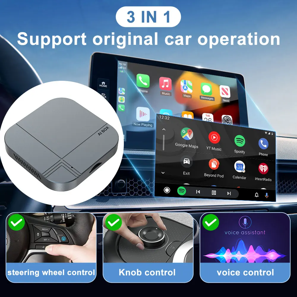 3 in 1 Car Wireless Carplay Android Auto 2+16GB WIFI6 AI Box Support Android Original Car Operation Plug & Play Smarter Driving