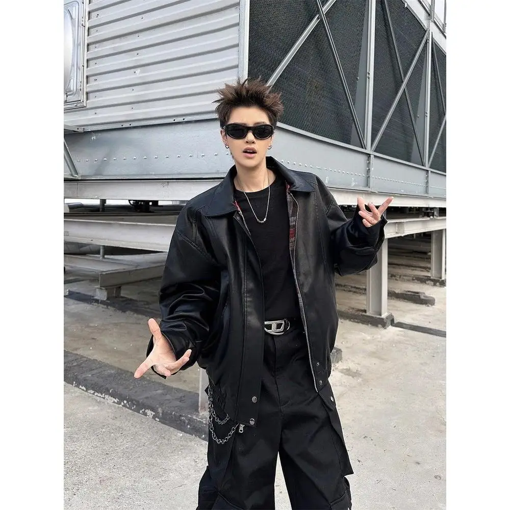 

Американский ретро-пиджак из искусственной кожи с двусторонним ношением, в клетку, для мужчин и женщин, новинка осени-зимы, с эффектом высококачественного материала, с отложным воротником