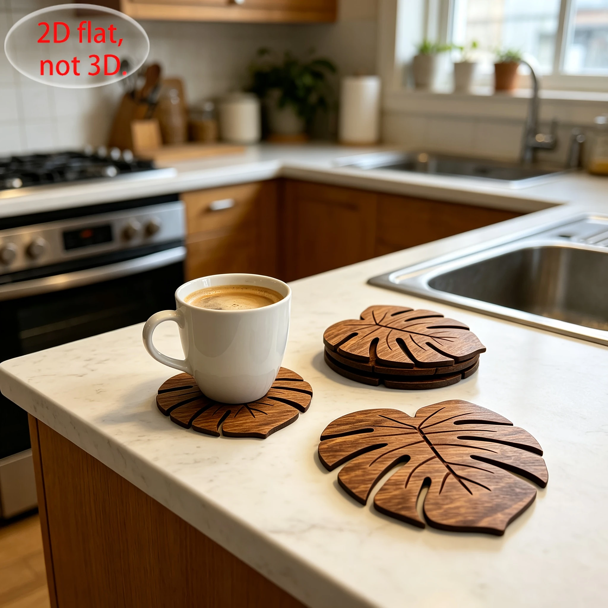 6pcs Monstera Natural Wood Coaster Set 2D Flat Printed Drink Coasters Heat-Resistant Table Mats Christmas Thanksgiving Gift