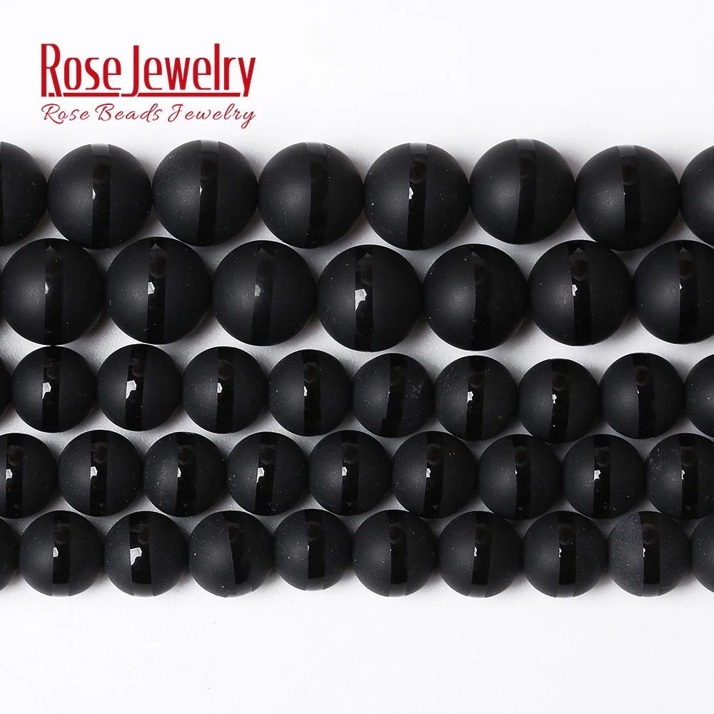 

Natural Matte Black Agates Stone Beads With Black Line Stripe Round Loose Beads For Jewelry Making DIY Bracelets 15" 8 10 12mm