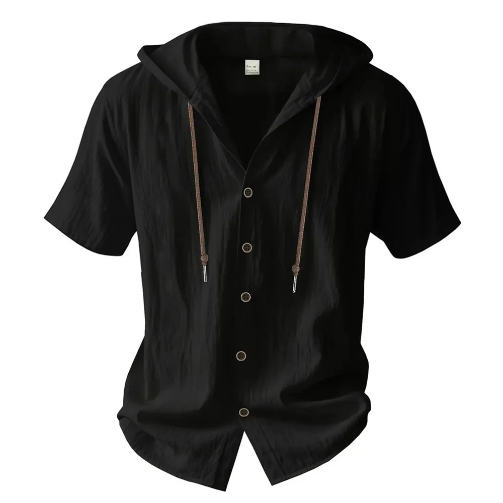 Cotton Linen Shirt for Men Hooded Short Sleeve Solid Color Breathable Lightweight Drawstring Design Shirts Casual Basic Tees