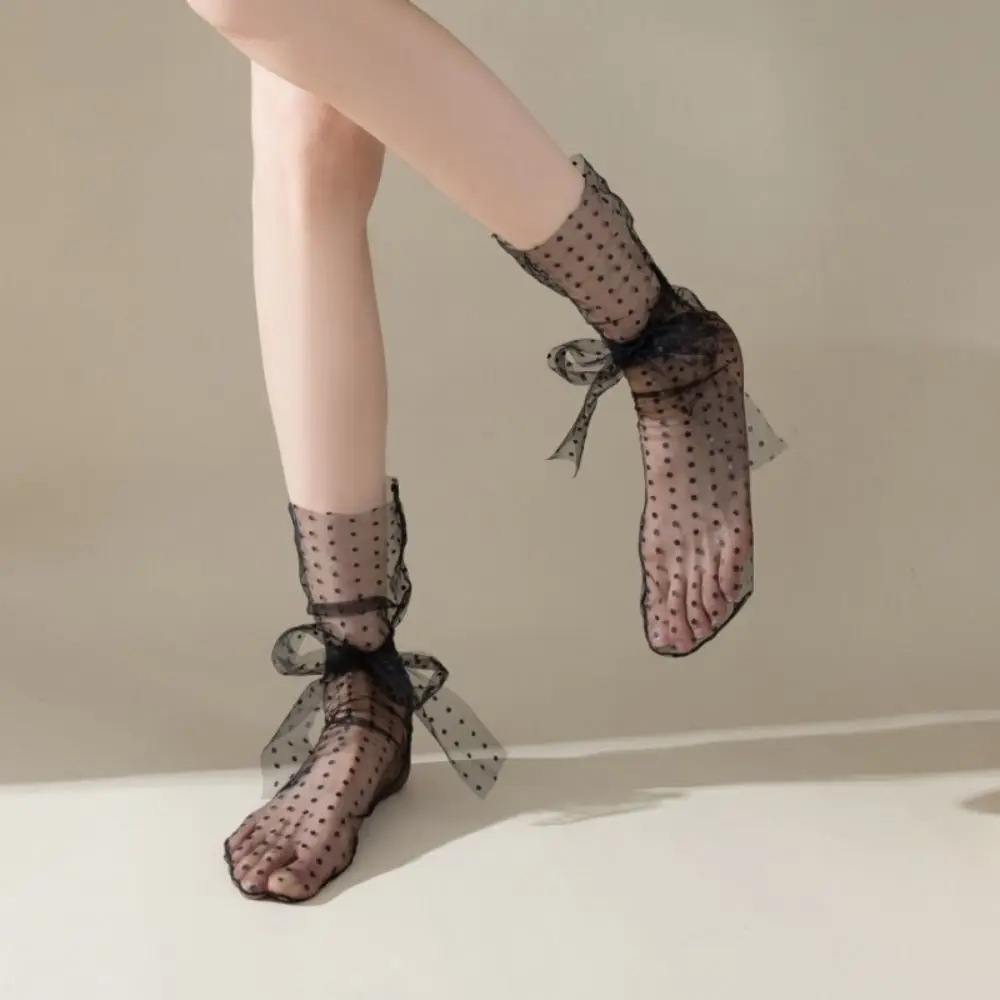 Sweet Tulle Mesh Tulle Bow Short Socks Quick Dry Sheer Lace Dot Middle Tube Socks Ultra-Thin Transparent Summer