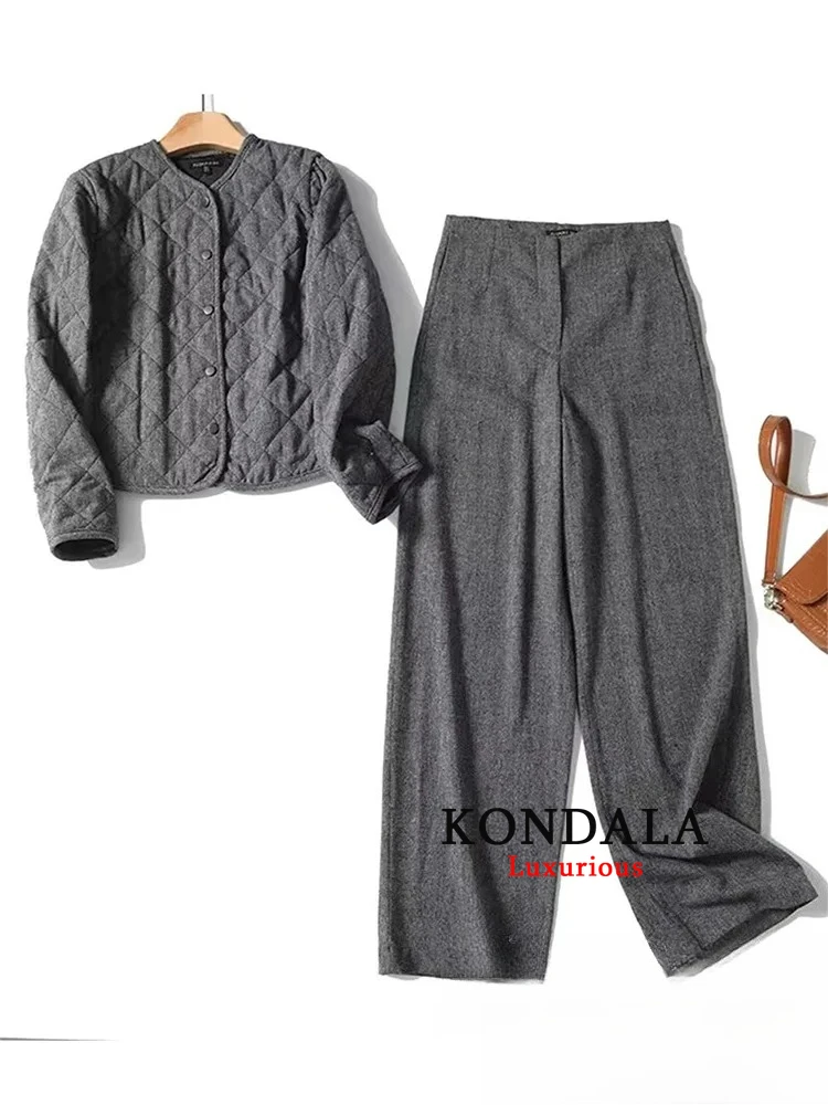 

KONDALA винтажный повседневный шикарный женский костюм серый однотонный однобортный пиджак с круглым вырезом свободные длинные брюки новая мода 2025 зимние комплекты
