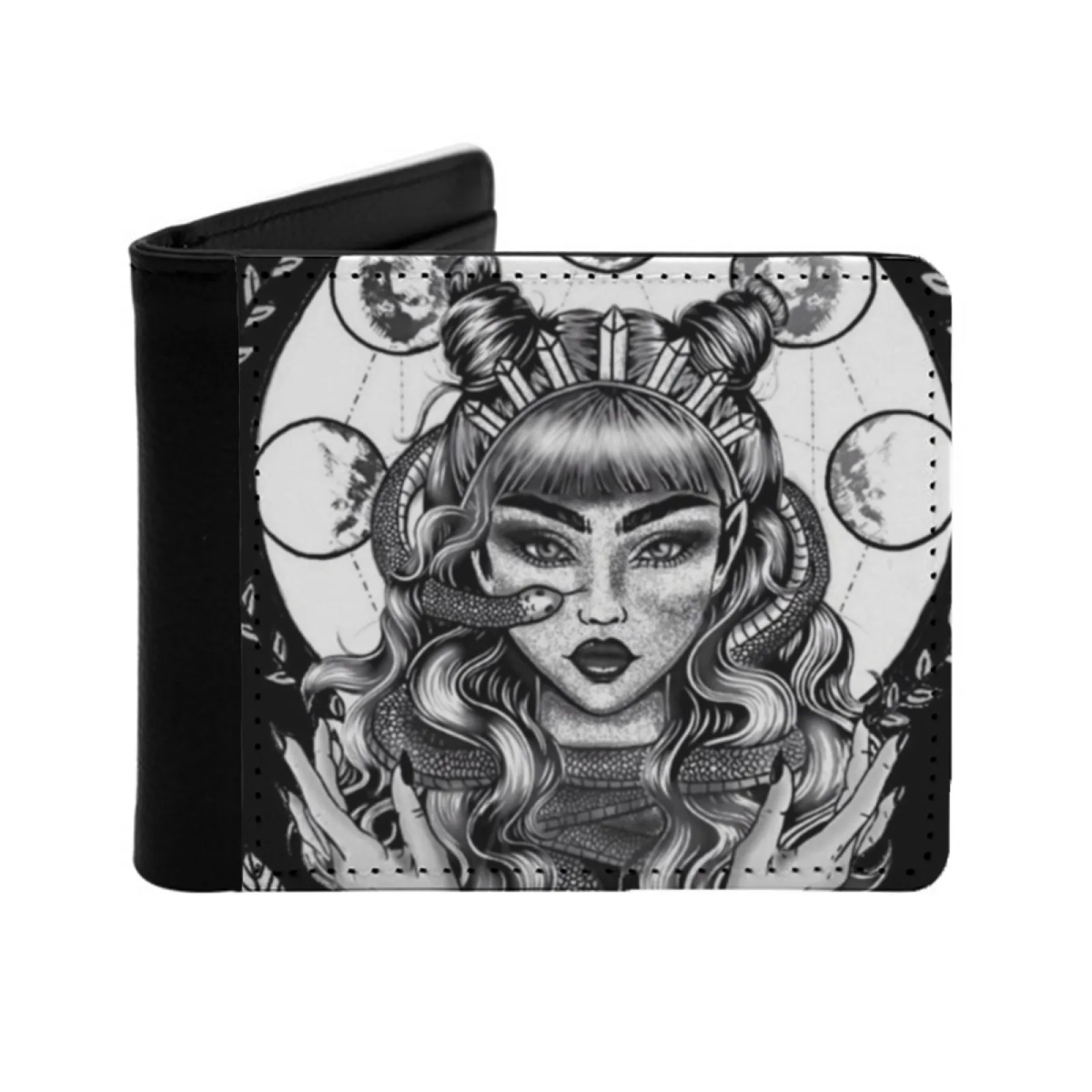 Woman With Under Many Moons Personalized Men's Leather Wallet Credit Card Pouch Purse Snakes Crystal Crown Crystal Crystals