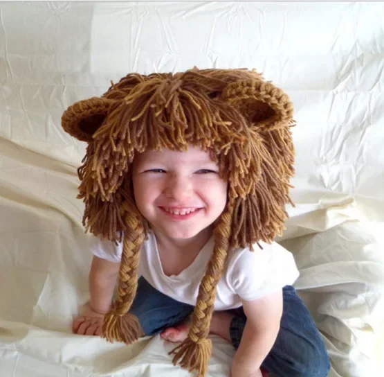 

Funny Lion Children Baby Hat Hair Wig Cap Winter Warm Woolen Yarn Knitted Crochet Kids Hats and Caps Dress Up Photography Props