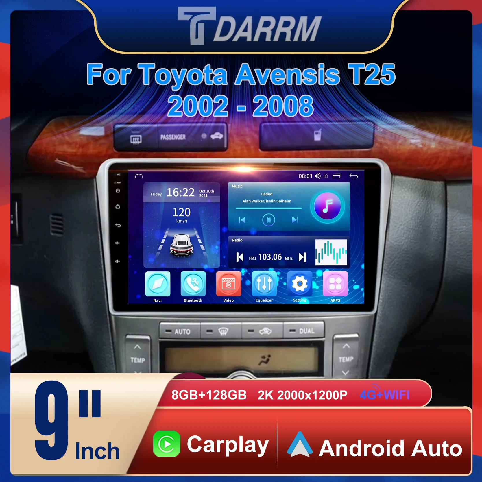 

9 Inch Car Autoradio Player GPS 4G Carplay 2K Stereo DSP Android 12 Multimedia Carplay Auto DVD For Toyota Avensis T25 2002-2008