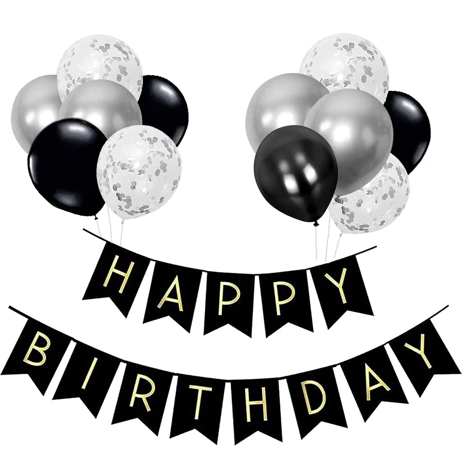 Happy Birthday Banner, Black and silver Party Decorations Happy Birthday Bunting Banners, 12 inch Happy Birthday Balloons Perfec